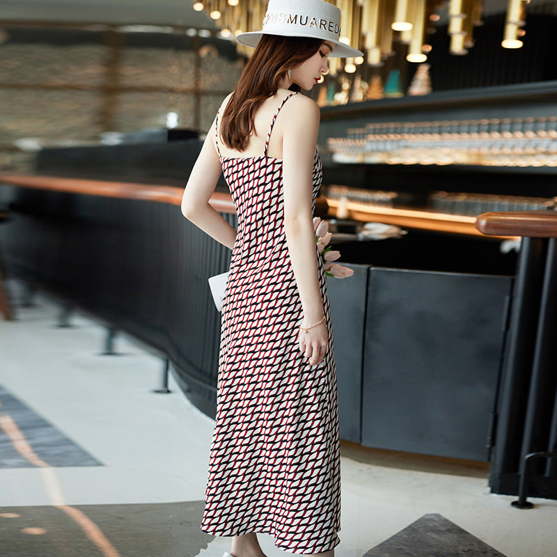 Women's Retro Print Mid-length Suspender Skirt