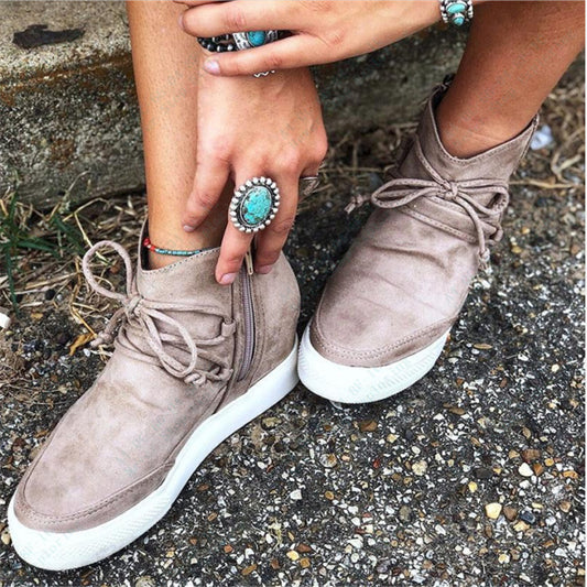 Fashion High-top Lace-up Flat Ankle Boots Women