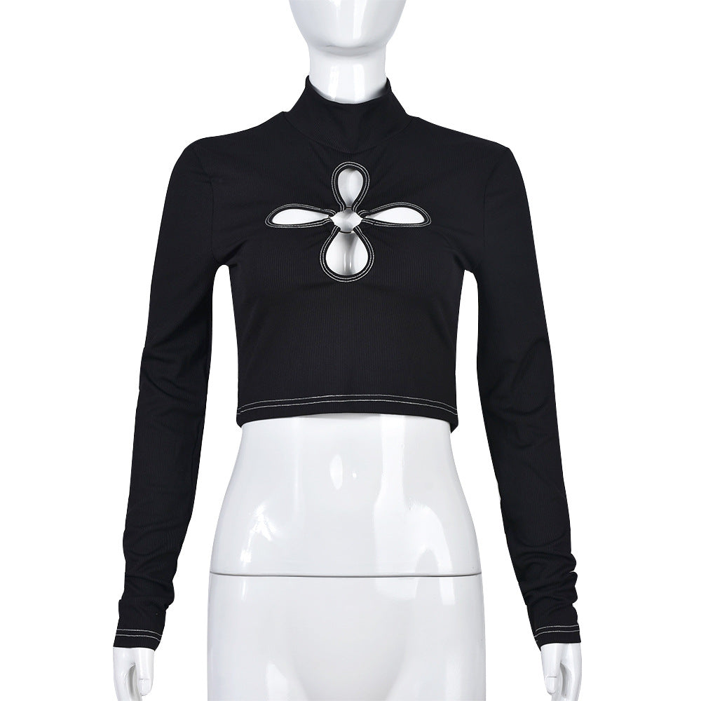 Slim-fit Four-leaf Hollow-out Solid-color Long-sleeve T-shirt