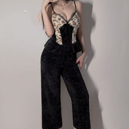 Womens Thickened Printed Lapel Pajama Set