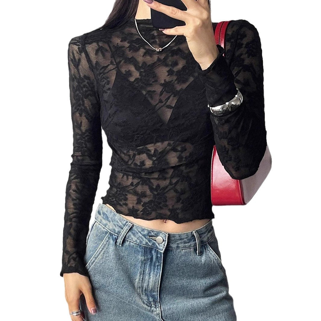 Womens Stand-Up Collar Sheer Lace Bodycon Long-Sleeve T-Shirt