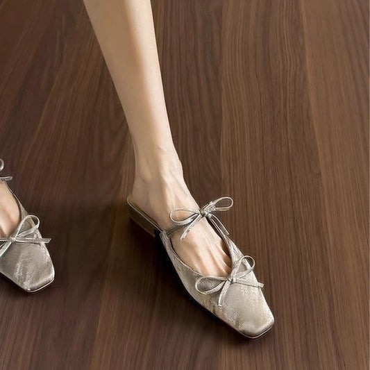 New Women's Bowknot Closed Toe Mule Slippers Elegant Chunky Heel One-Step Slip On Sandals