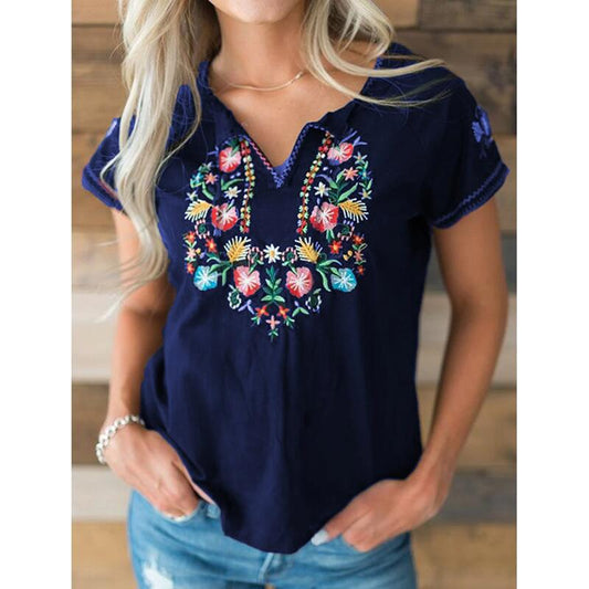 Spring Summer Retro Embroidered Short Sleeve T-Shirt Women