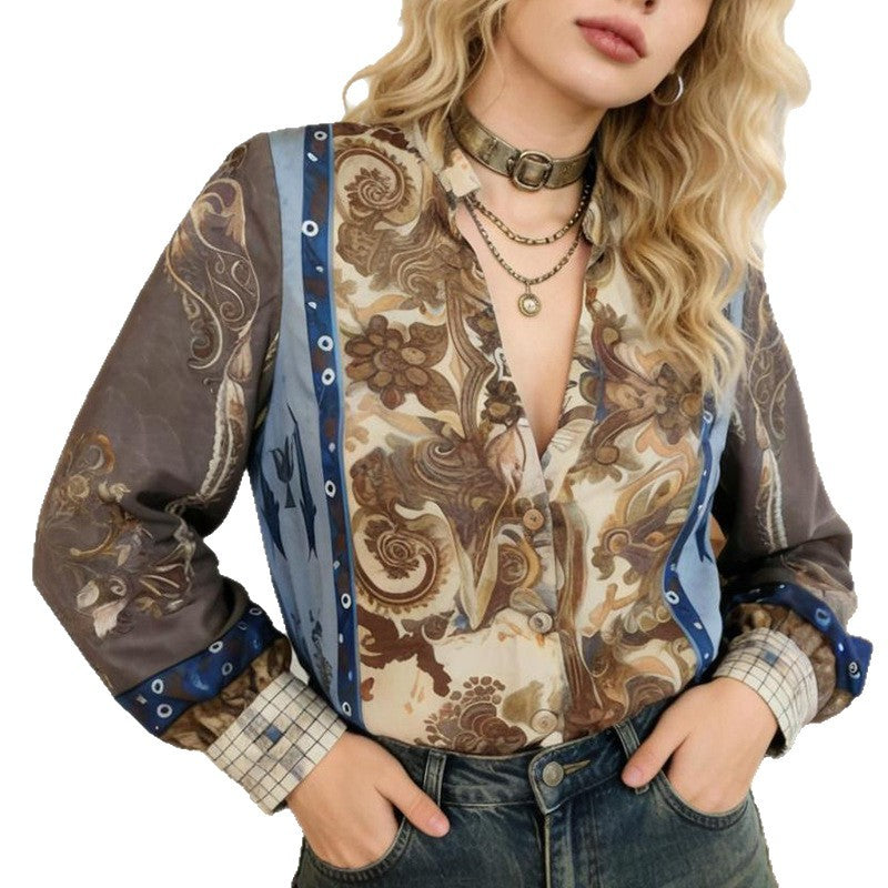 Womens Printed Long-Sleeve V-Neck Casual Loose Top