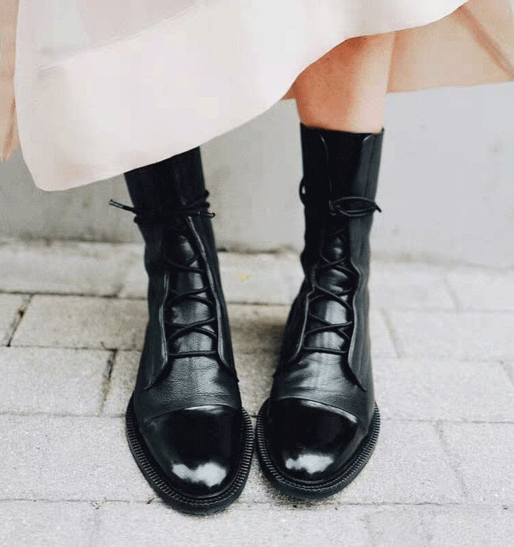 Lace-Up Flat British Style Large Size Mid Boots