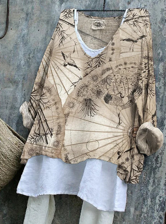 Women's Vintage Japanese Flower Crane Pattern Linen Blend Tunic