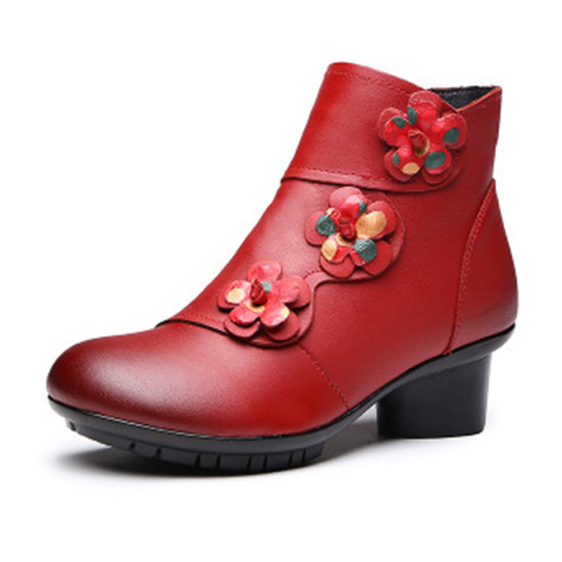 Ethnic Style Leather Mid Heel Short Boots