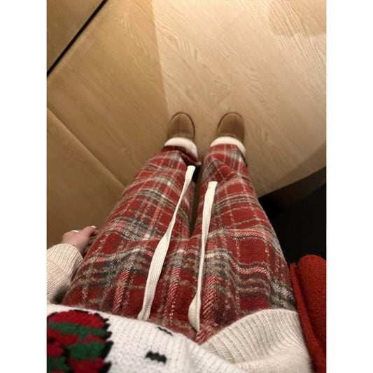 Christmas Red Wool Fleece-lined Lattice Loose Pants