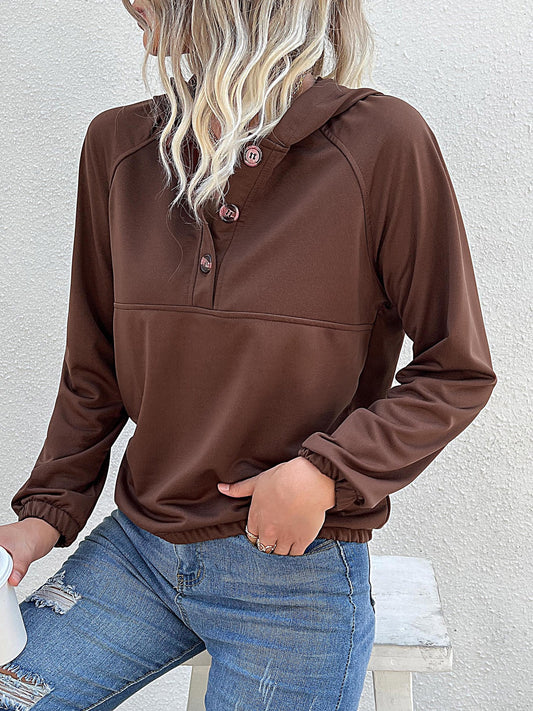 New Patchwork Casual Hooded Button Pullover Sweatshirt