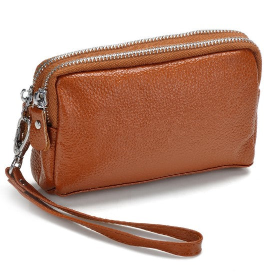 Cowhide double zipper small lady pocket handbag mini mobile bag