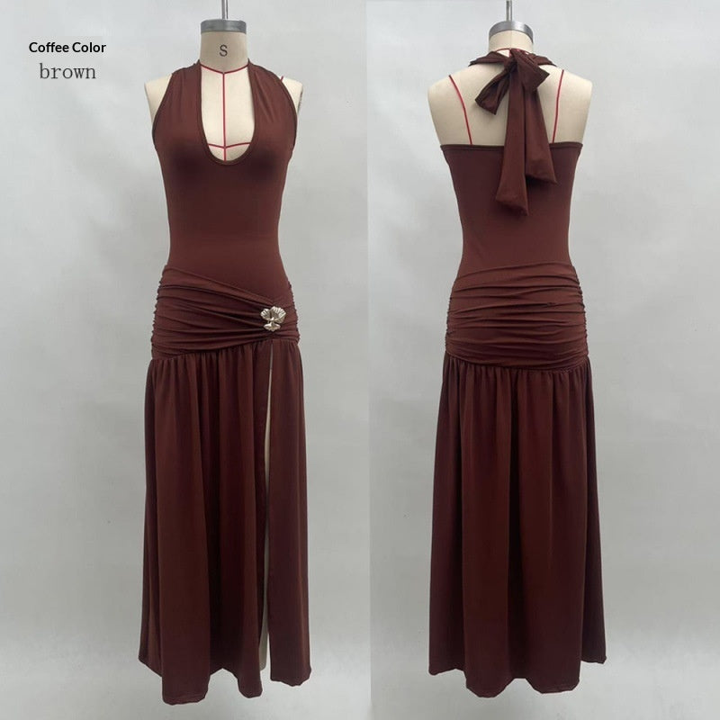Womens Halterneck Backless Slim Fit Solid Color Split Dress