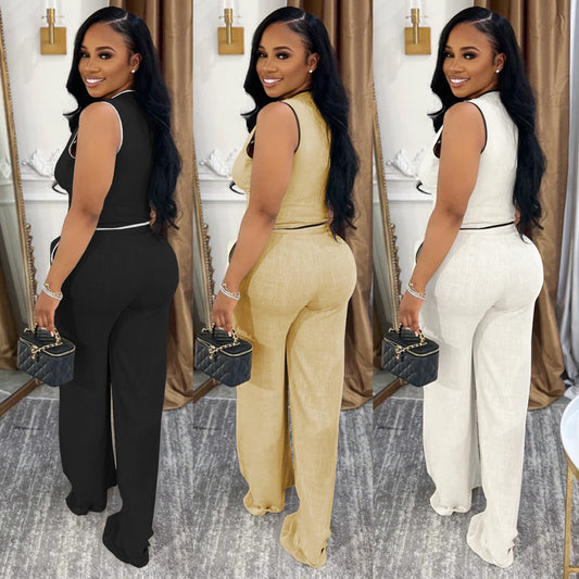 Casual V-neck Button-up Top And Pants Two-piece Set