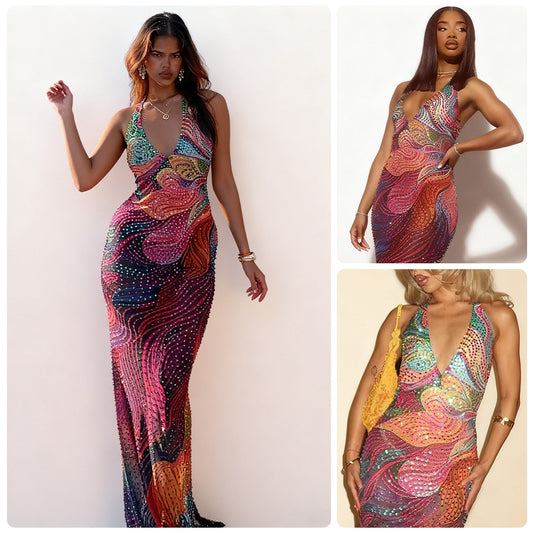 Womens Colorful Sequin Halterneck Dress From Europe And The