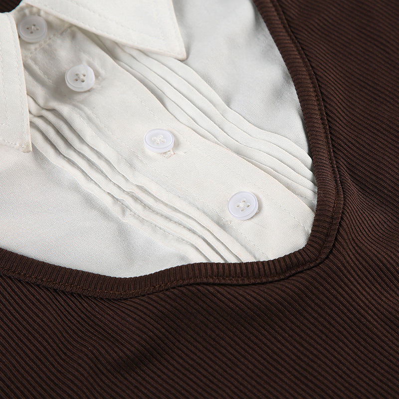 Amerikansk Retro Polo Krave Stitched Falske To Dele Kortærmet T-shirt Til Kvinder