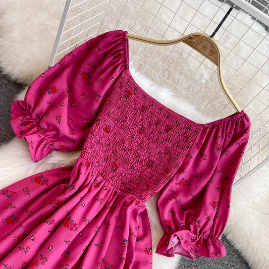 Bubble Short Sleeve Waist Wrapped Slim Split Dress