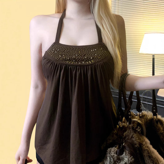 Retro Rhinestone-embellished Ultra-sexy High-waisted Halter-neck Cami With Lace-up Detailing