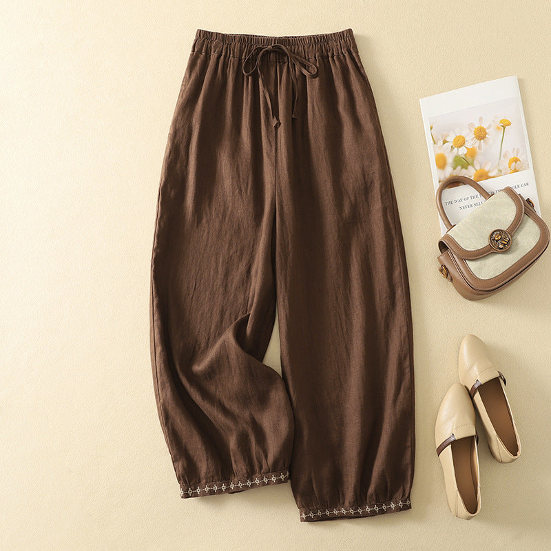 Womens Cotton Linen Embroidered Drawstring Loose Casual Pants