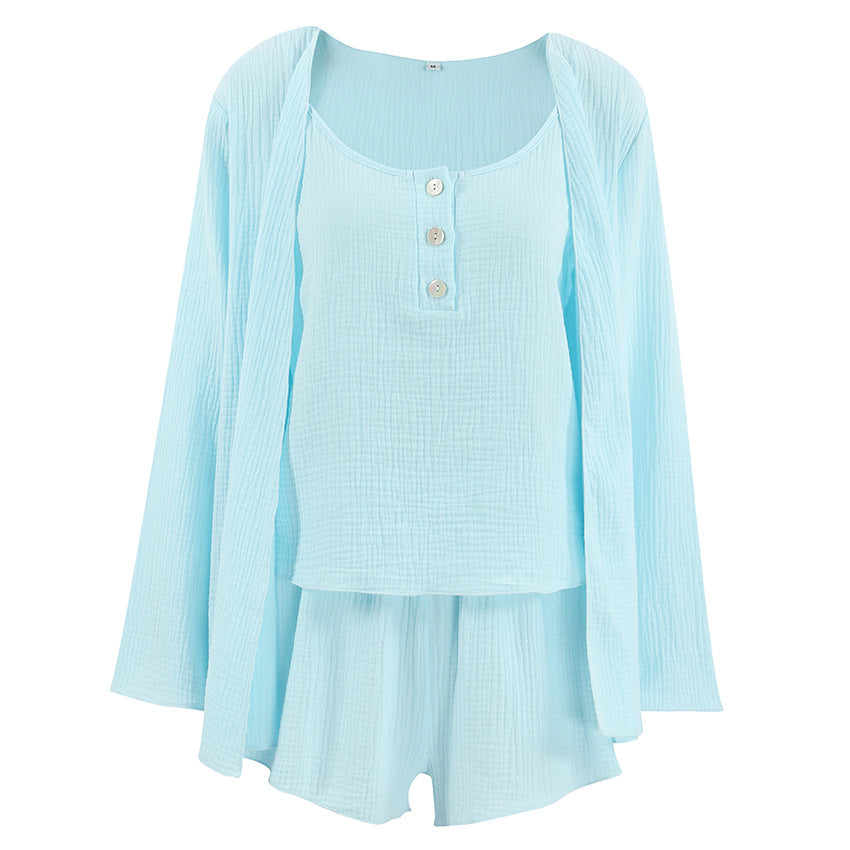 Strap-overnight Gown And Shorts Three-piece Loungewear Set
