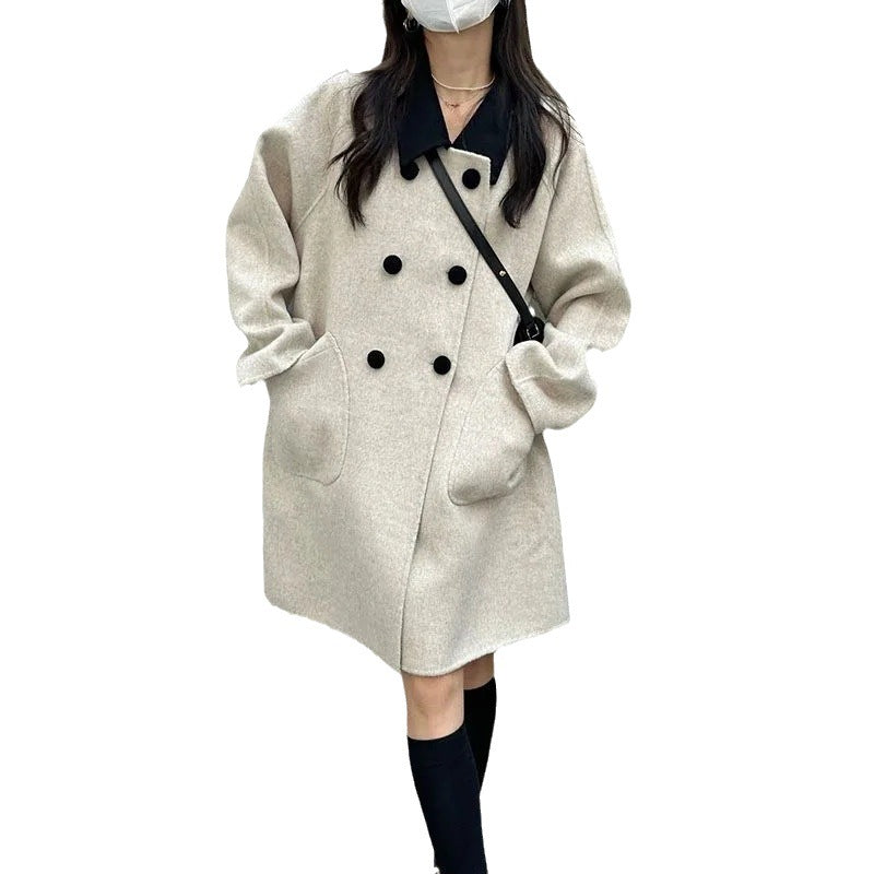 Contrast Color Lapels Dignified Sense Of Design Coat Woolen Mid-length