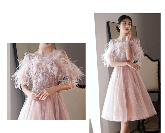 Niche High-end French Style Feather Evening Dress For Women