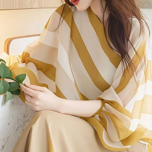 Yellow Top French High-end Striped Chiffon Three-quarter Sleeve