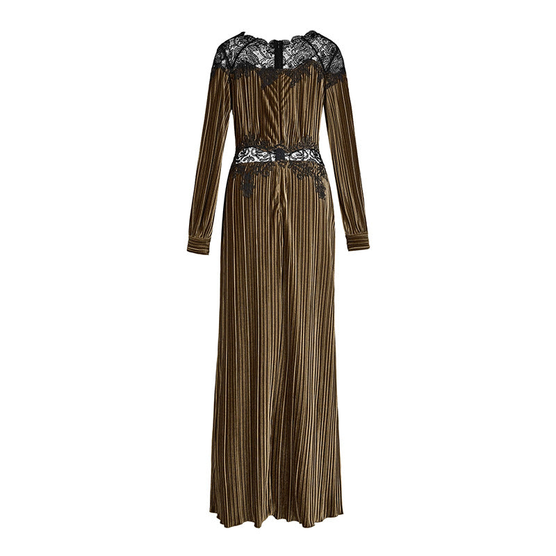 Round-neck Lace-panelled Waist-cinching Green Elegant Maxi Dress