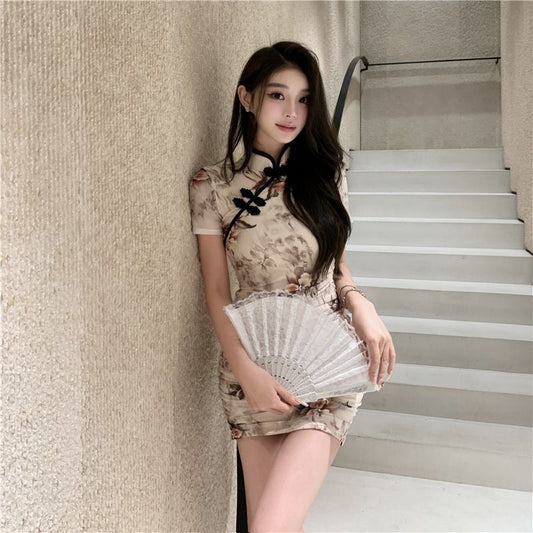 Printed Cinched-waist Slimming Short Chinese-style Dress