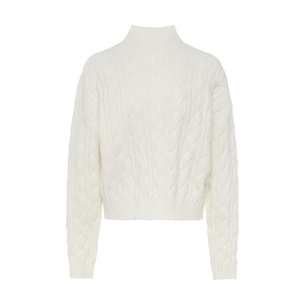 Mock Neck Cable-knit Sweater Loose Pullover Women