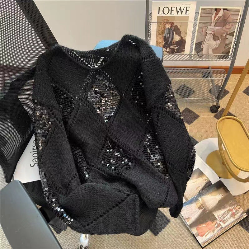 Heavy-duty Sequin Loose And Laid-back Thin Sweater With Patchwork Long Sleeves
