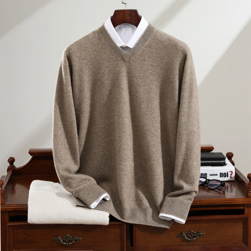 Langærmet strikket basis-sweater i ren cashmere til mænd