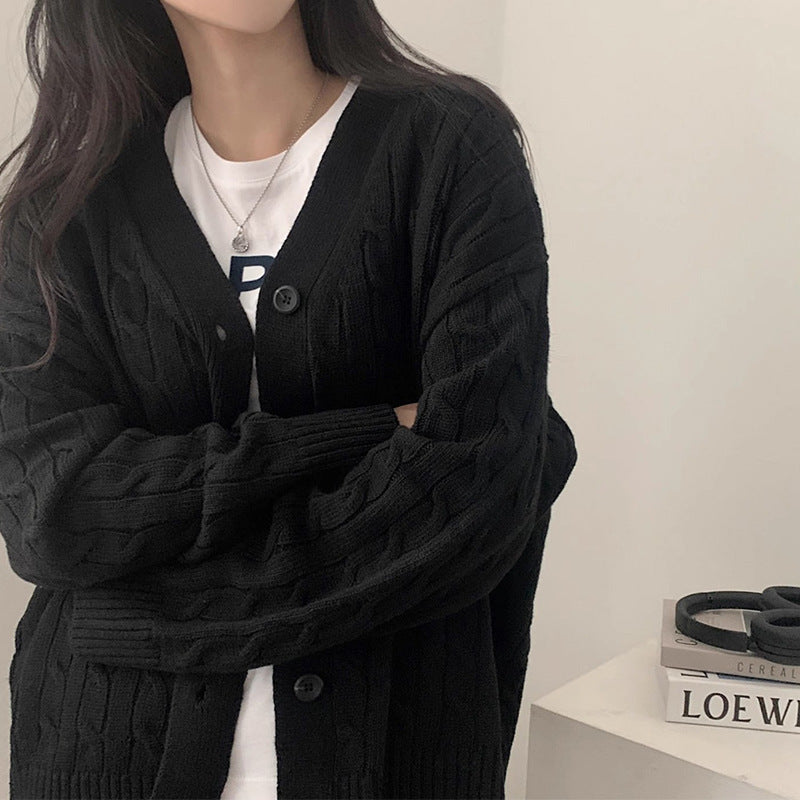 V-neck Single Breasted Hemp Pattern Versatile Loose Long Sleeves Knitted Sweater