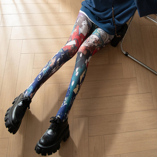 Thin Fashion Vintage Pantyhose Spring And Autumn Flower Print