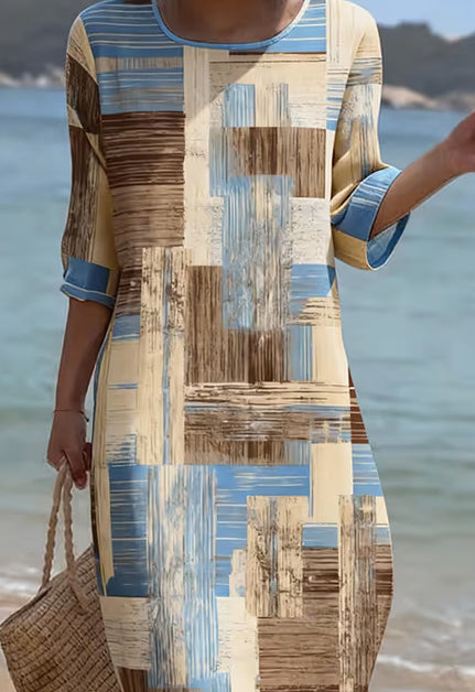 Women's Casual Round Neck Mid Sleeve Print Cotton And Linen Dress