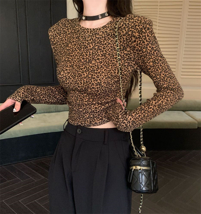 French-style Slimming, Chic Round-neck Leopard-print Top