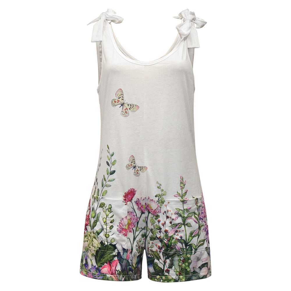 Women's Printed Crew Neck Sleeveless Casual Jumpsuit Shorts