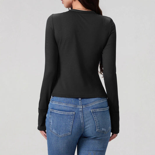 Black V-neck Long Sleeve Top For Women