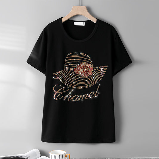 Dame T-shirt med korte ærmer i bomuld og diamanter, plus size