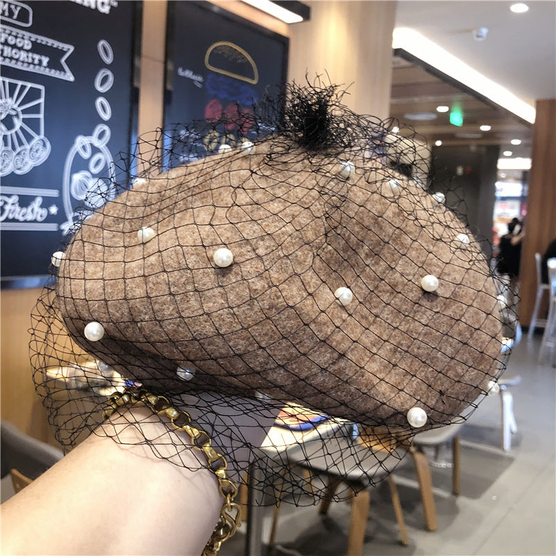 Woolen Pearl Mesh Beret Women's British Retro Hat
