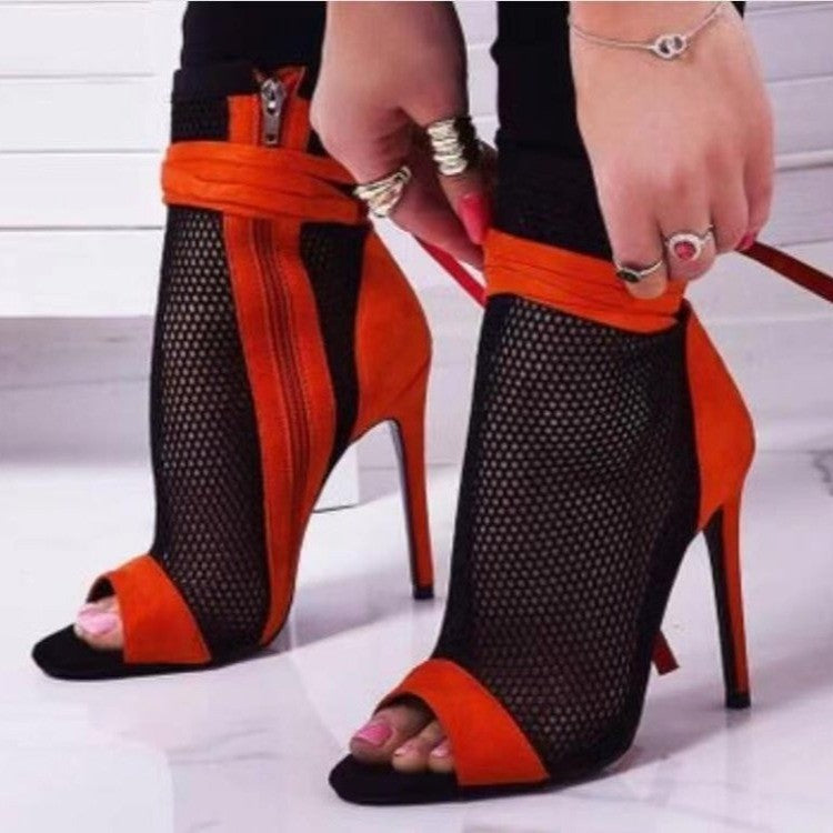 Fish Mouth Splicing Hollowed Out Simple Bow High Heels Women's Large Size Side Zipper Fashion Cool Boots