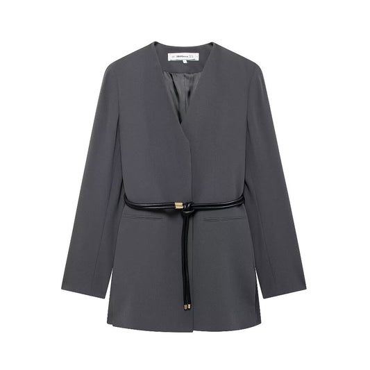 V-neck Blazer With Belt High-waisted Flared Trousers Set