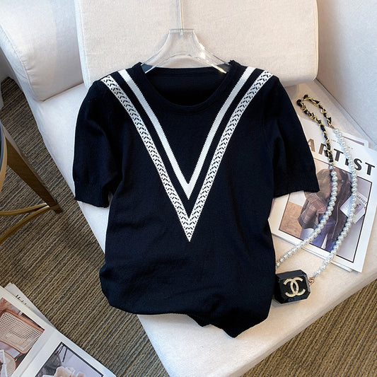 Striped T-shirt Contrast Color Jacquard Loose-fitting Sweater