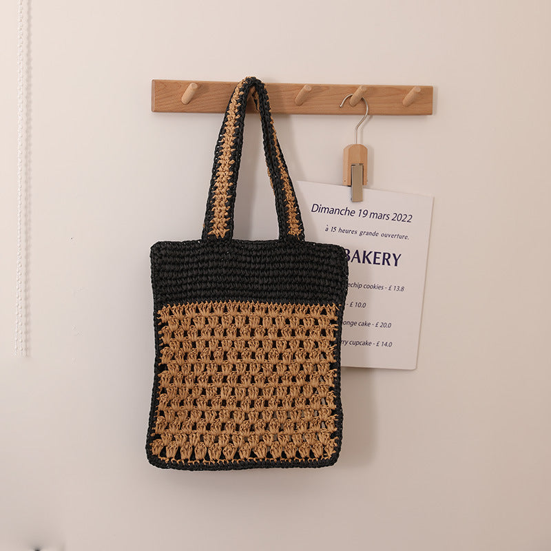 Color Matching Hollow Out Crochet One Shoulder Straw Bag