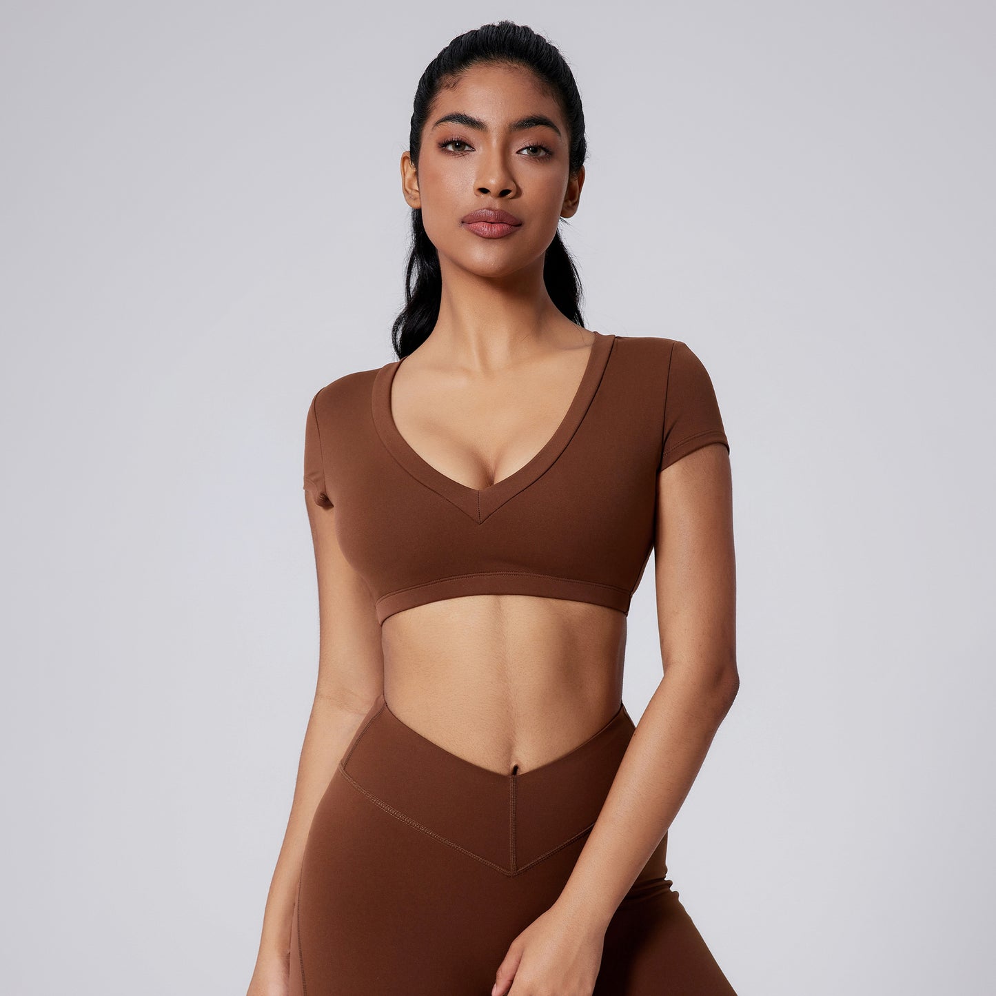 Brushed Tight Short T Deep V Shaping Back Hollow Sexy