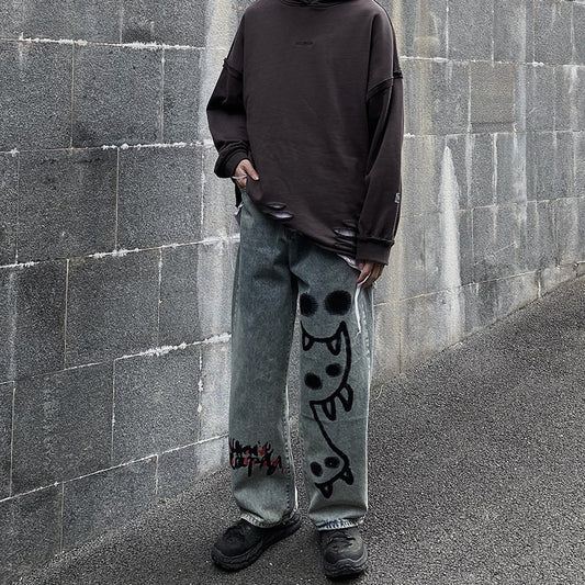 High Street Hip-hop Graffiti Print Loose Drape Mopping Straight Casual Denim Trousers For Men And Women