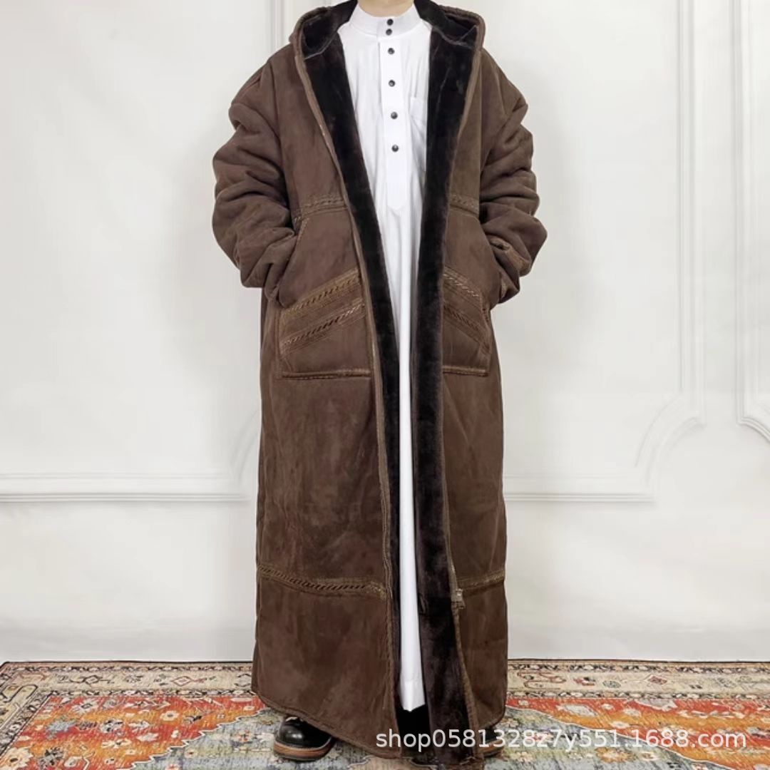 Mens Suede-Like Robe With Hood And Pockets For Warmth In Winter