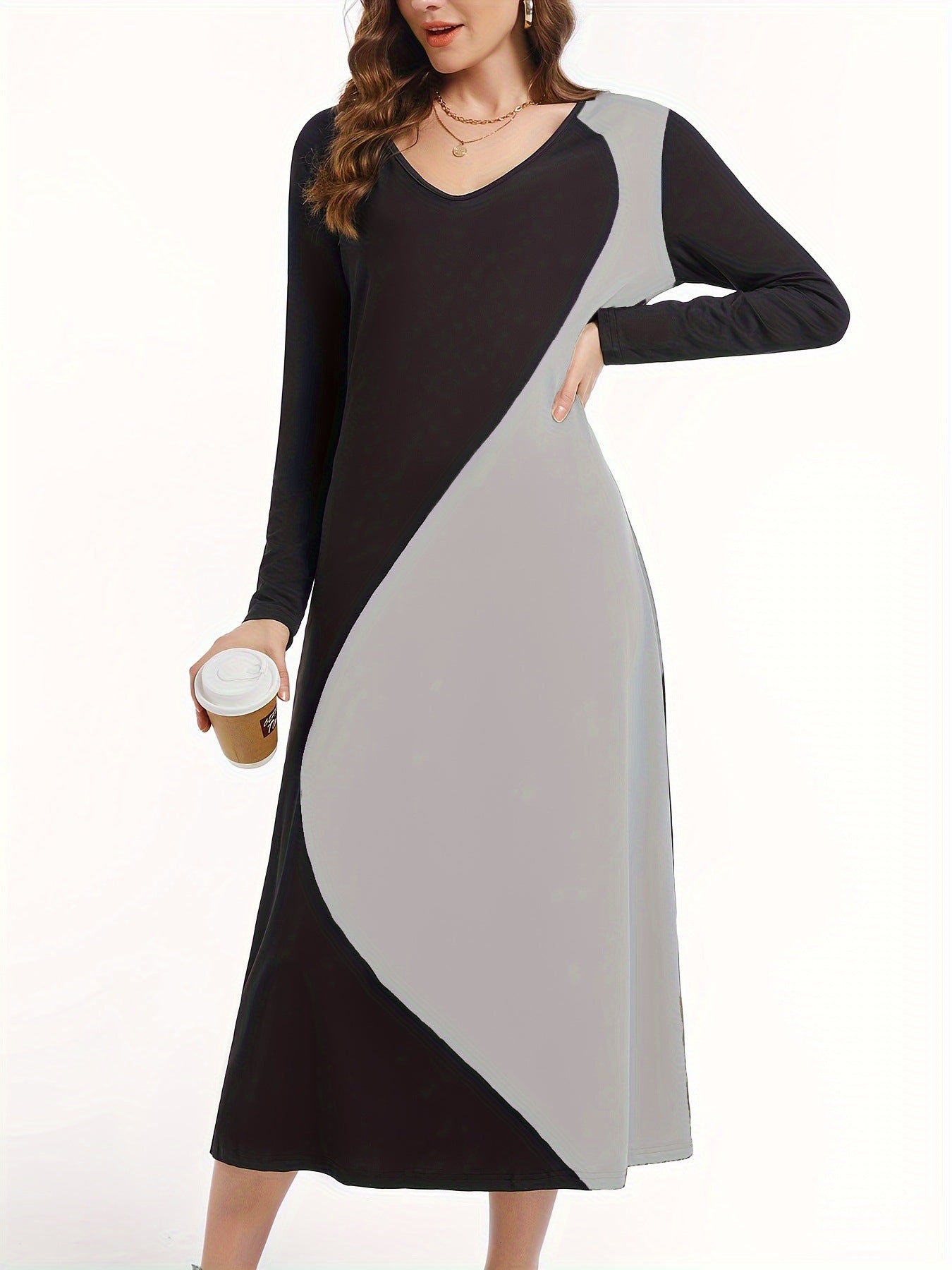 Color-Block Patchwork V-Neck T-Shirt Long-Sleeve Dress