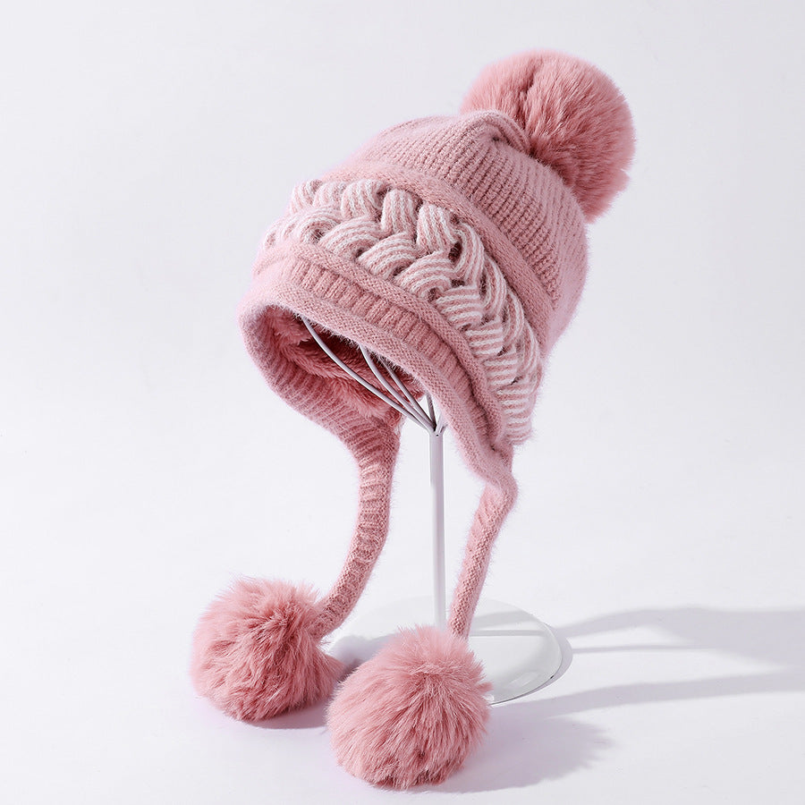 Color-blocking Twist Three-hair Ball Ear Protection Wool Hat