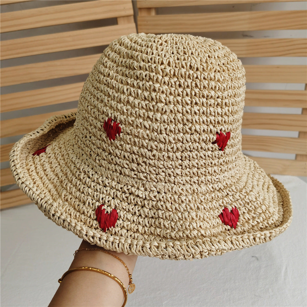 Women's Red Little Heart Braided Sunshade Straw Hat