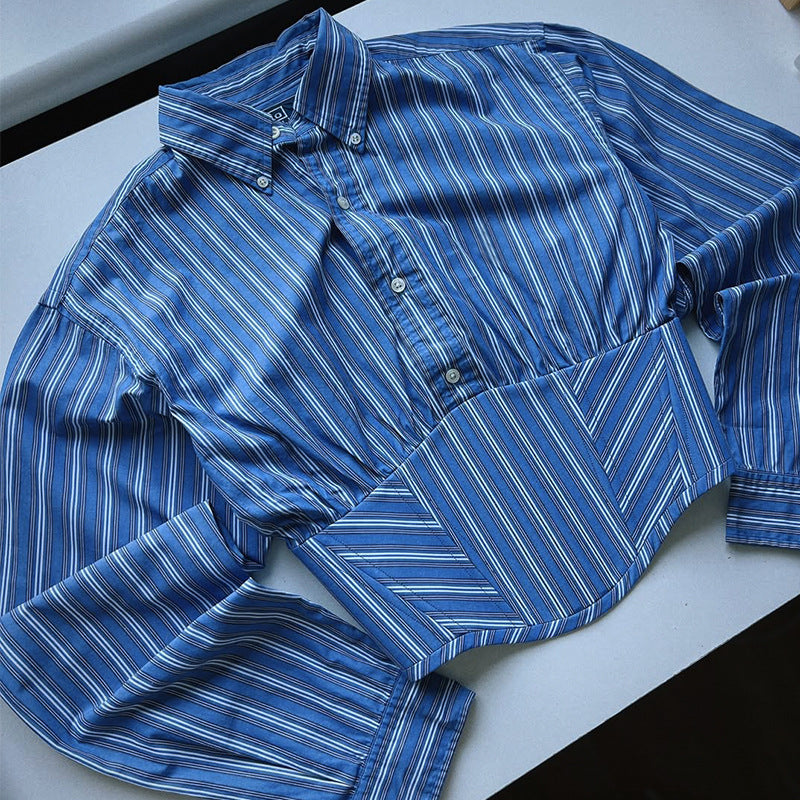 Striped Lapel Fitted Waist Short-length Long Sleeves