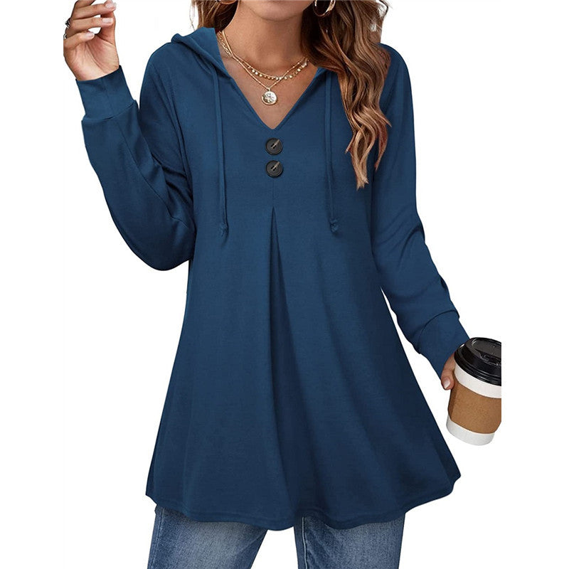 Casual Button V-neck Long Sleeve Hooded Top Sweaters Women's Clothing
